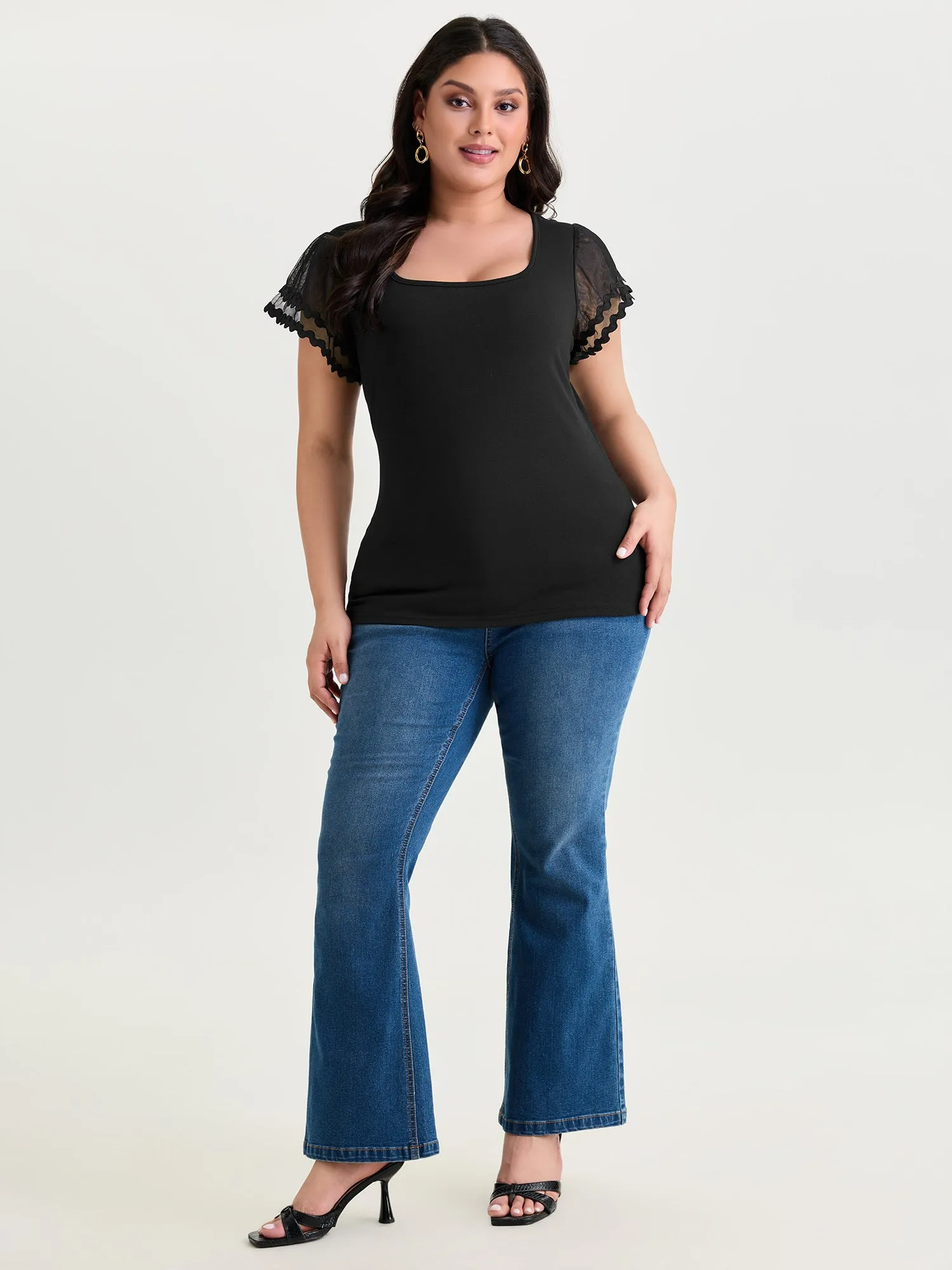 Sheer Ruffled Sleeve Square Neck Knit Top sold by Bloomchic product image thumbnail 3