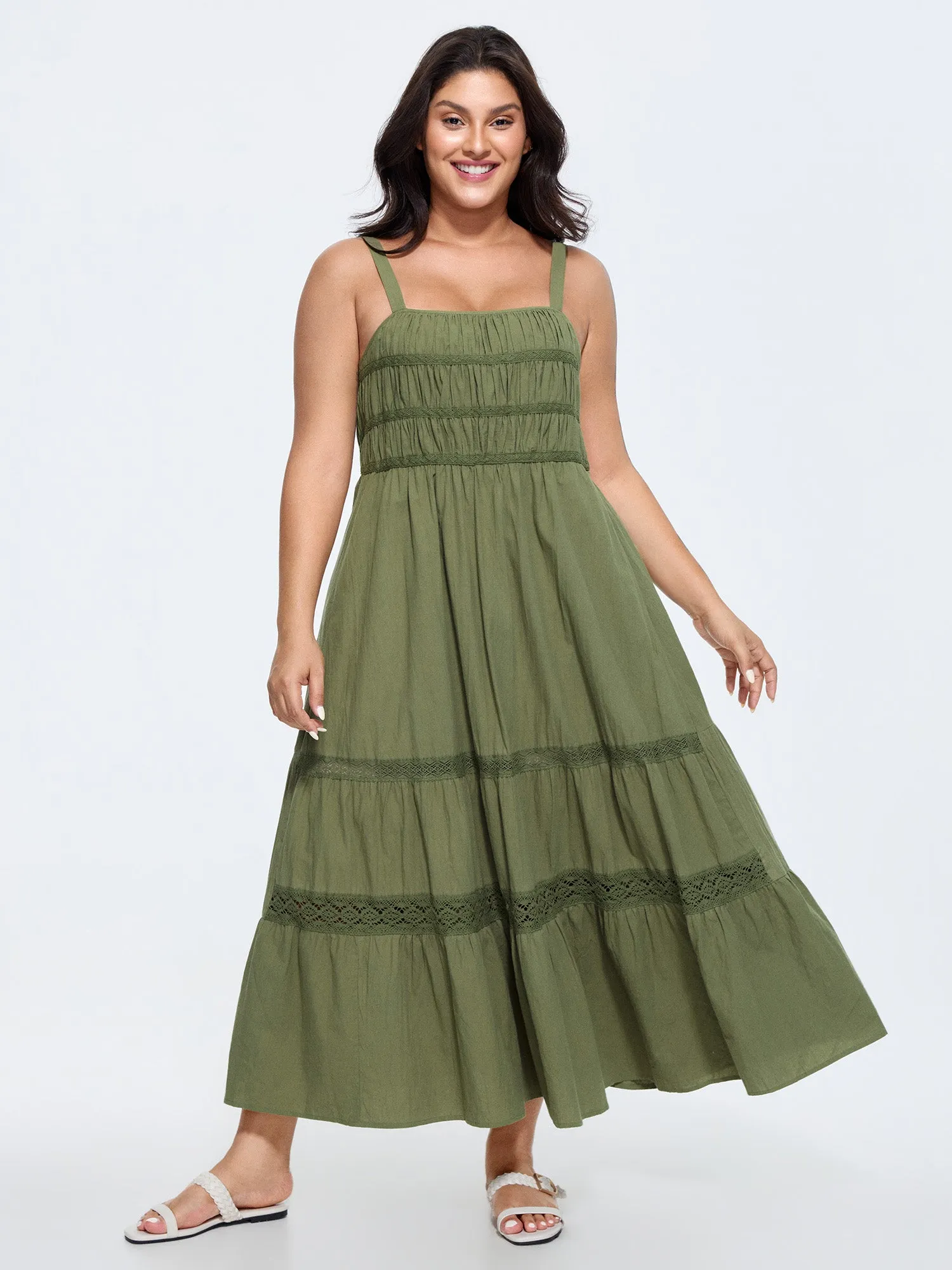 Cotton Lace Shirred Back Tiered Maxi Dress sold by Bloomchic