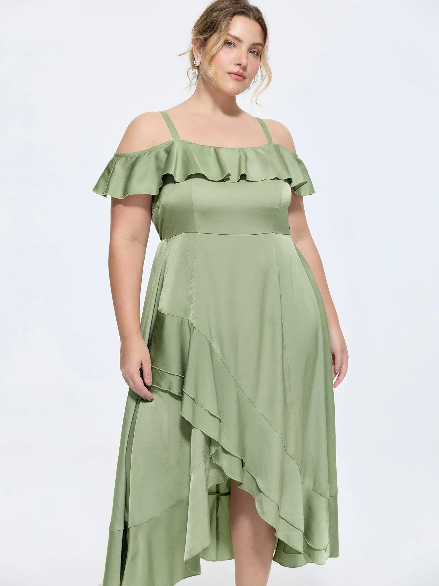Satin Off-Shoulder Wrap Hem Maxi Dress sold by Bloomchic product image thumbnail 3