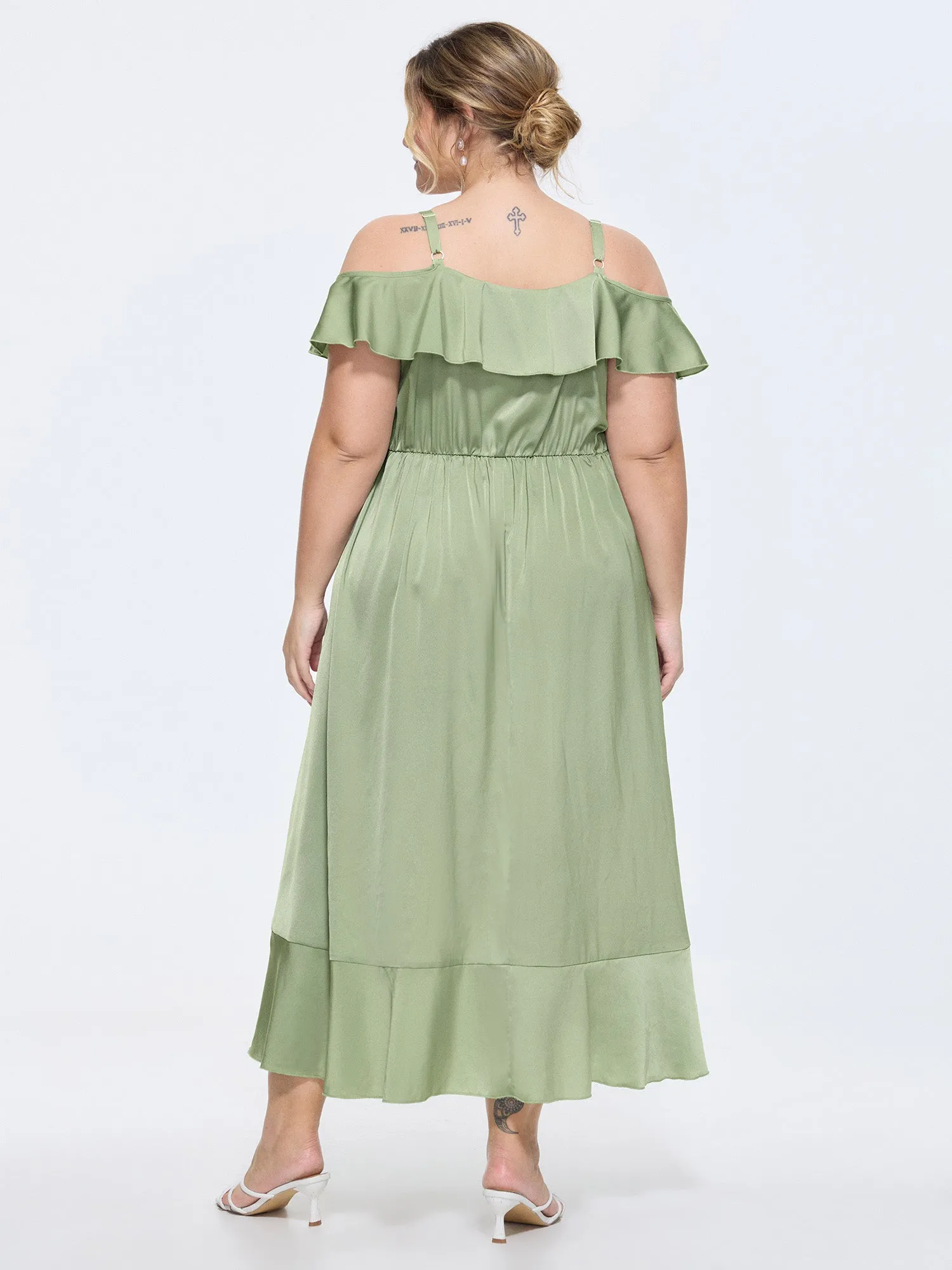 Satin Off-Shoulder Wrap Hem Maxi Dress sold by Bloomchic product image thumbnail 4