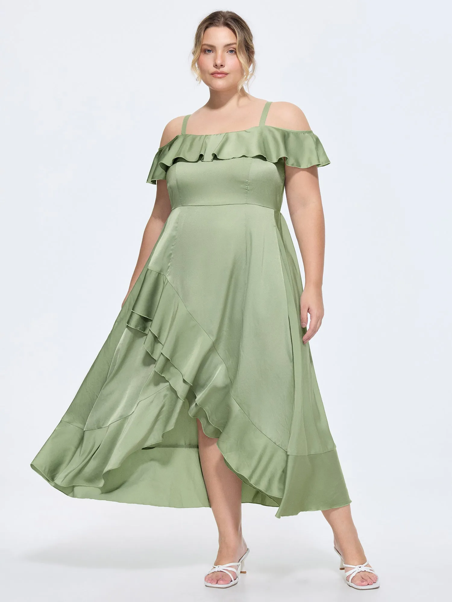 Satin Off-Shoulder Wrap Hem Maxi Dress sold by Bloomchic