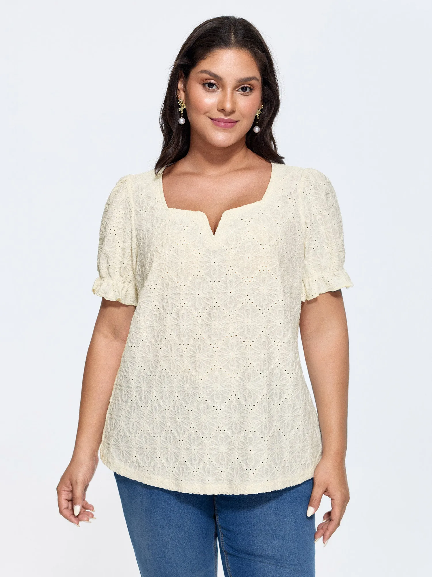 Floral Textured Split Neckline Blouse sold by Bloomchic