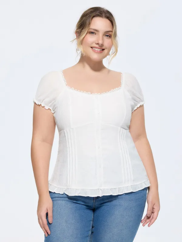 Sheer Lace Ruffled Hem Fitted Blouse made by Bloomchic