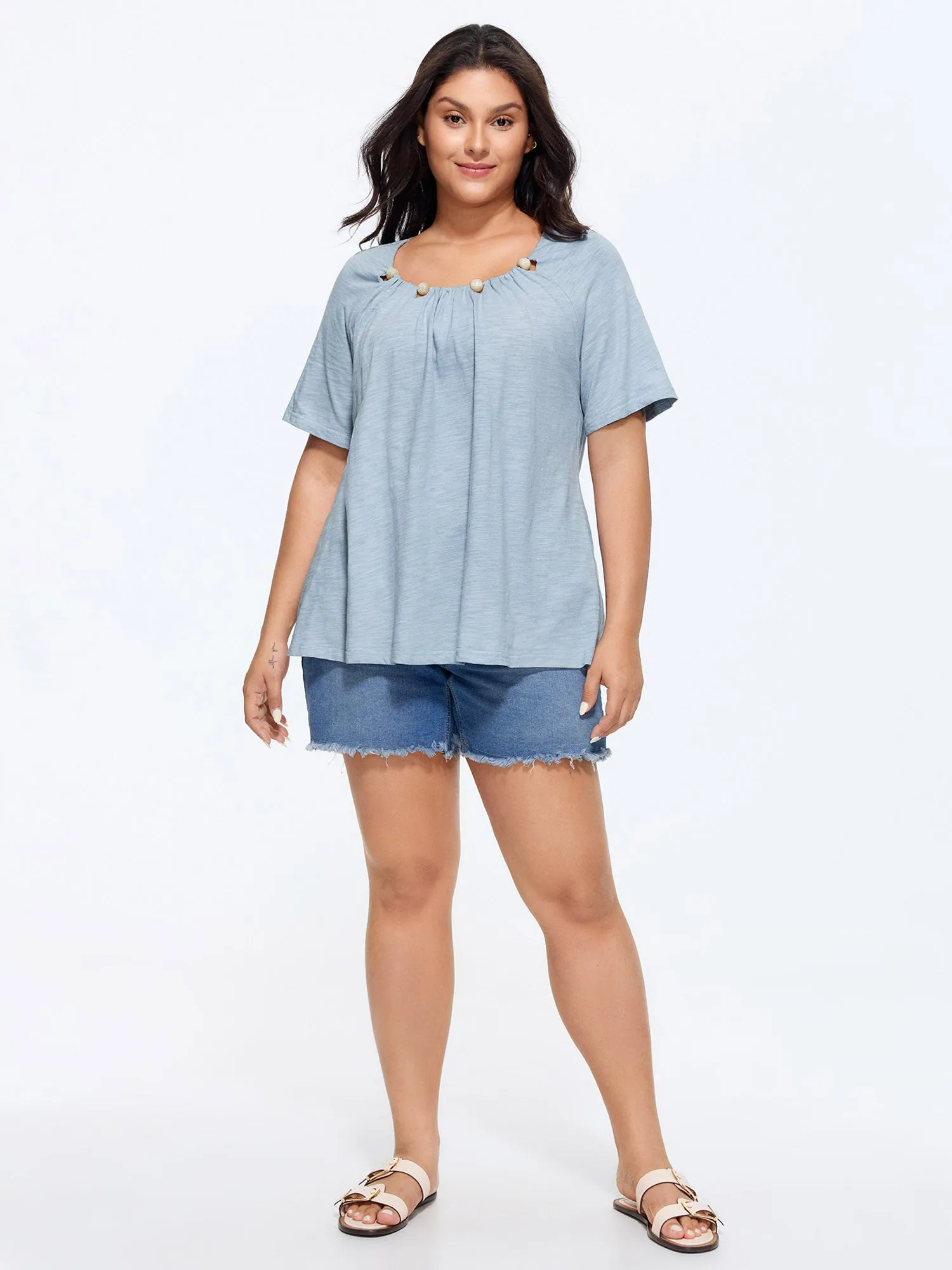 Cotton Stretchy Cut-Out Beaded Neckline T-Shirt sold by Bloomchic product image thumbnail 3