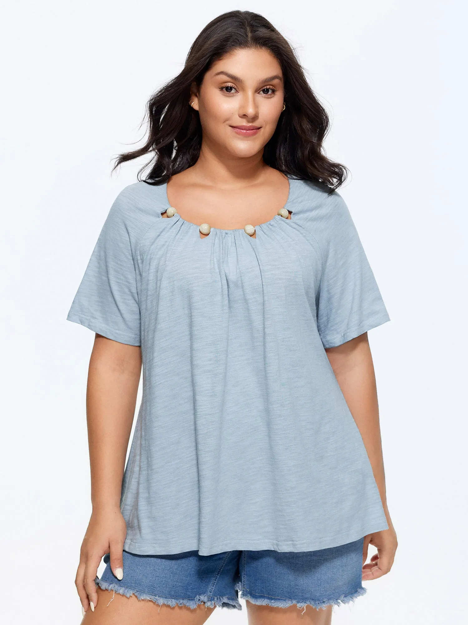Cotton Stretchy Cut-Out Beaded Neckline T-Shirt sold by Bloomchic