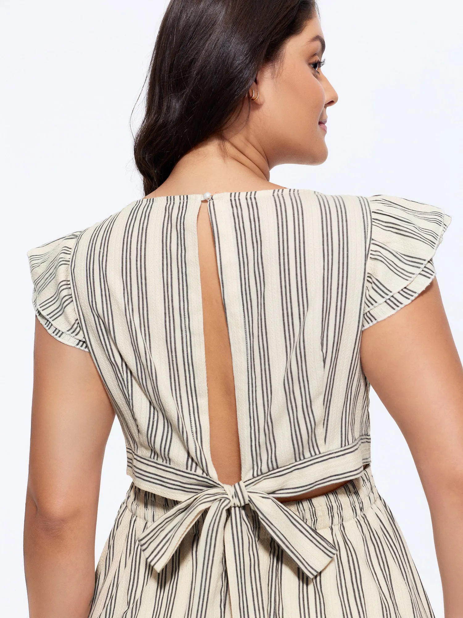 Striped Print Open Back Tied Midi Dress sold by Bloomchic