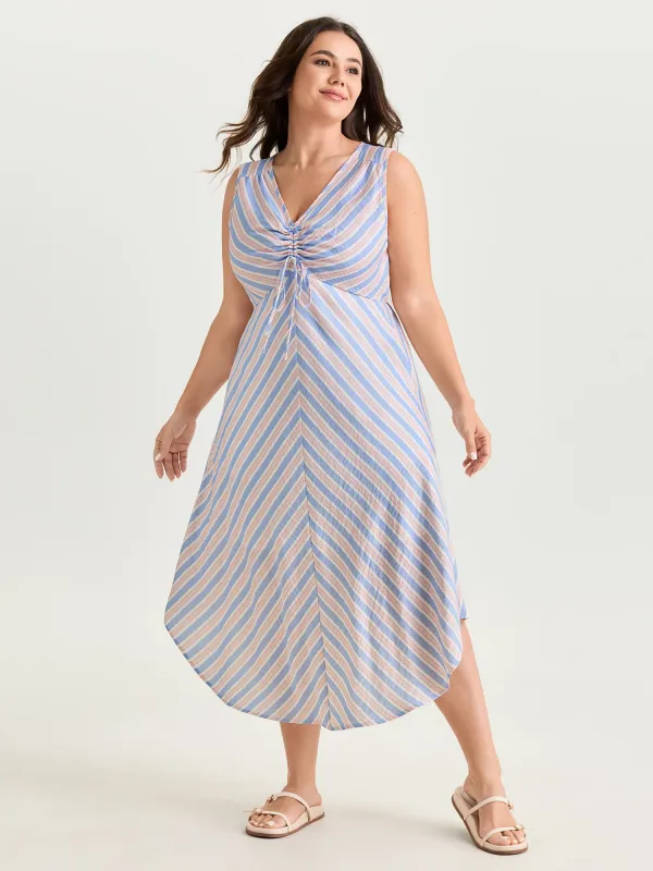 Striped Print Ruched Drawstring Midi Dress made by Bloomchic