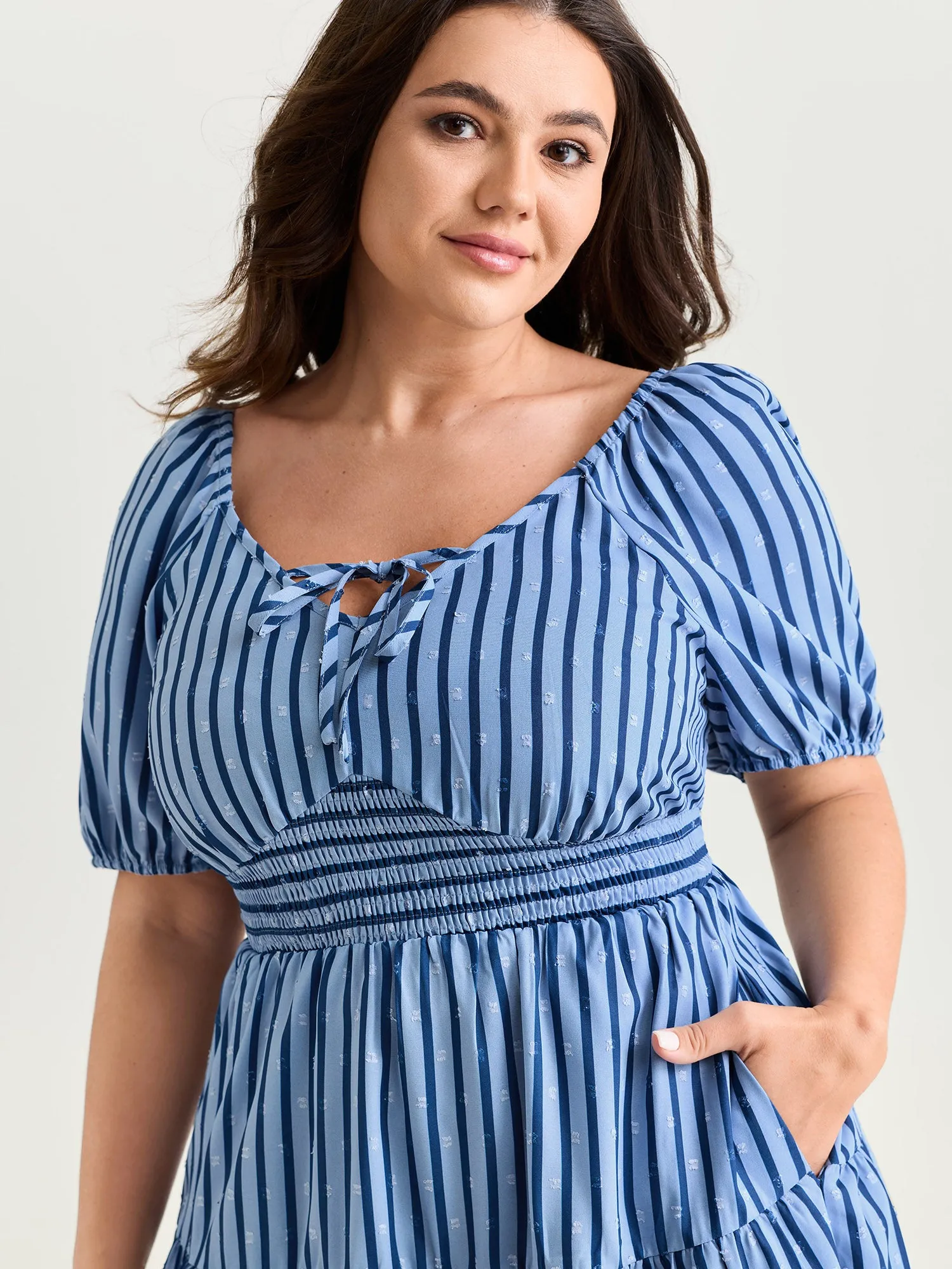 Striped Print Neck-Tie Tiered Mini Dress sold by Bloomchic product image thumbnail 2