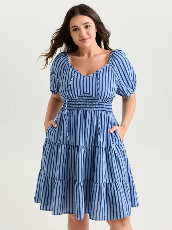 Striped Print Neck-Tie Tiered Mini Dress made by Bloomchic