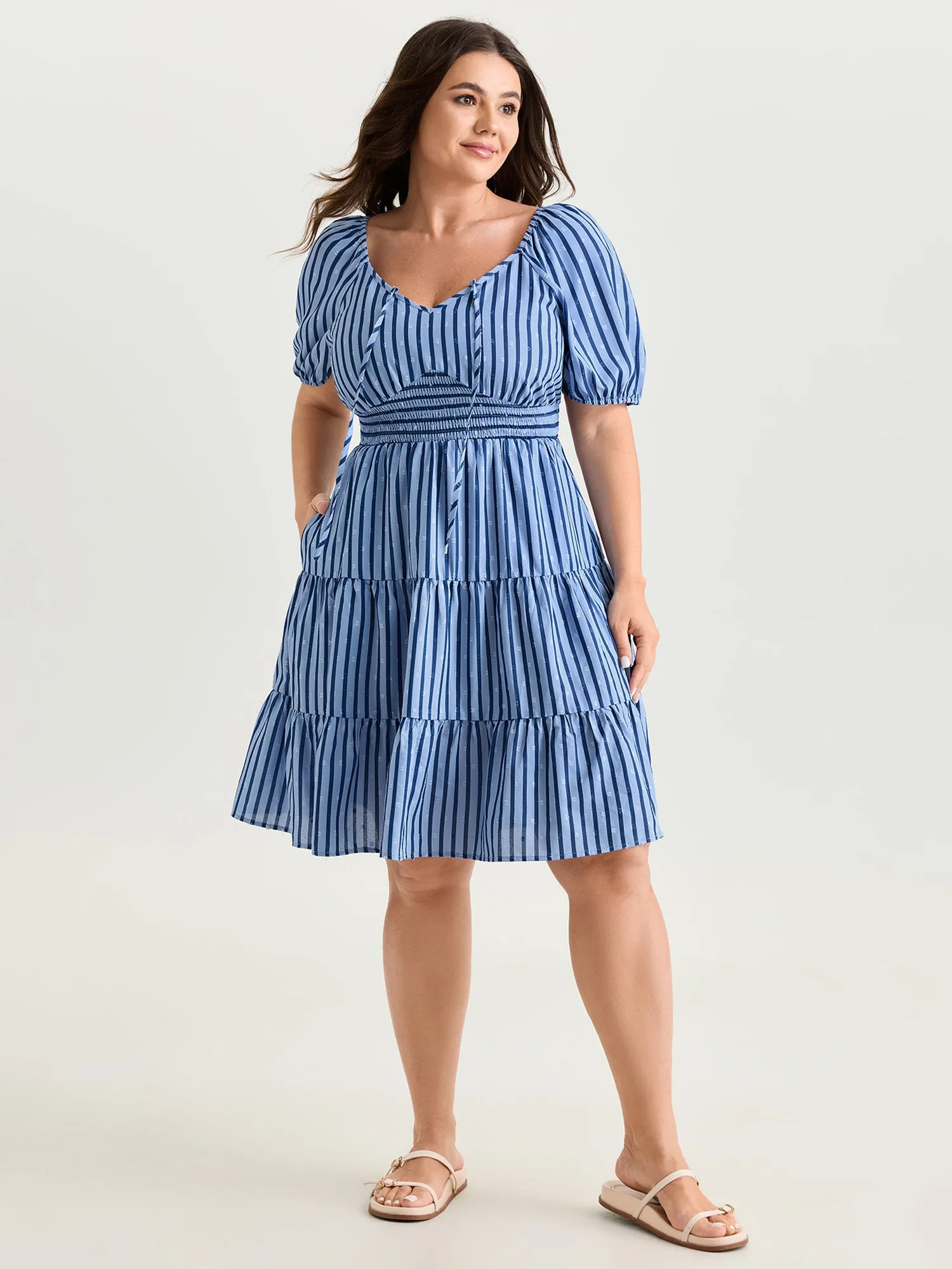 Striped Print Neck-Tie Tiered Mini Dress sold by Bloomchic product image thumbnail 3