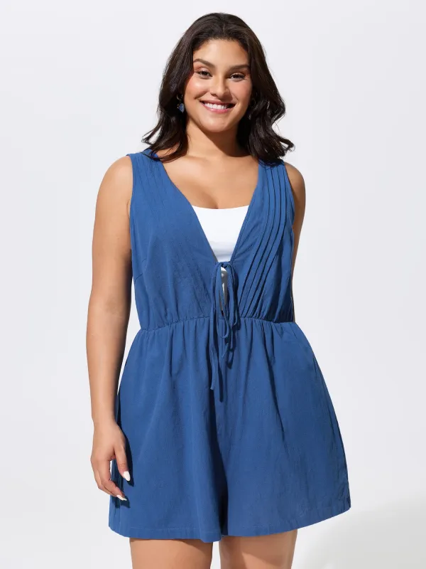 Cotton Pleated Open Back-Ties Plain Romper made by Bloomchic