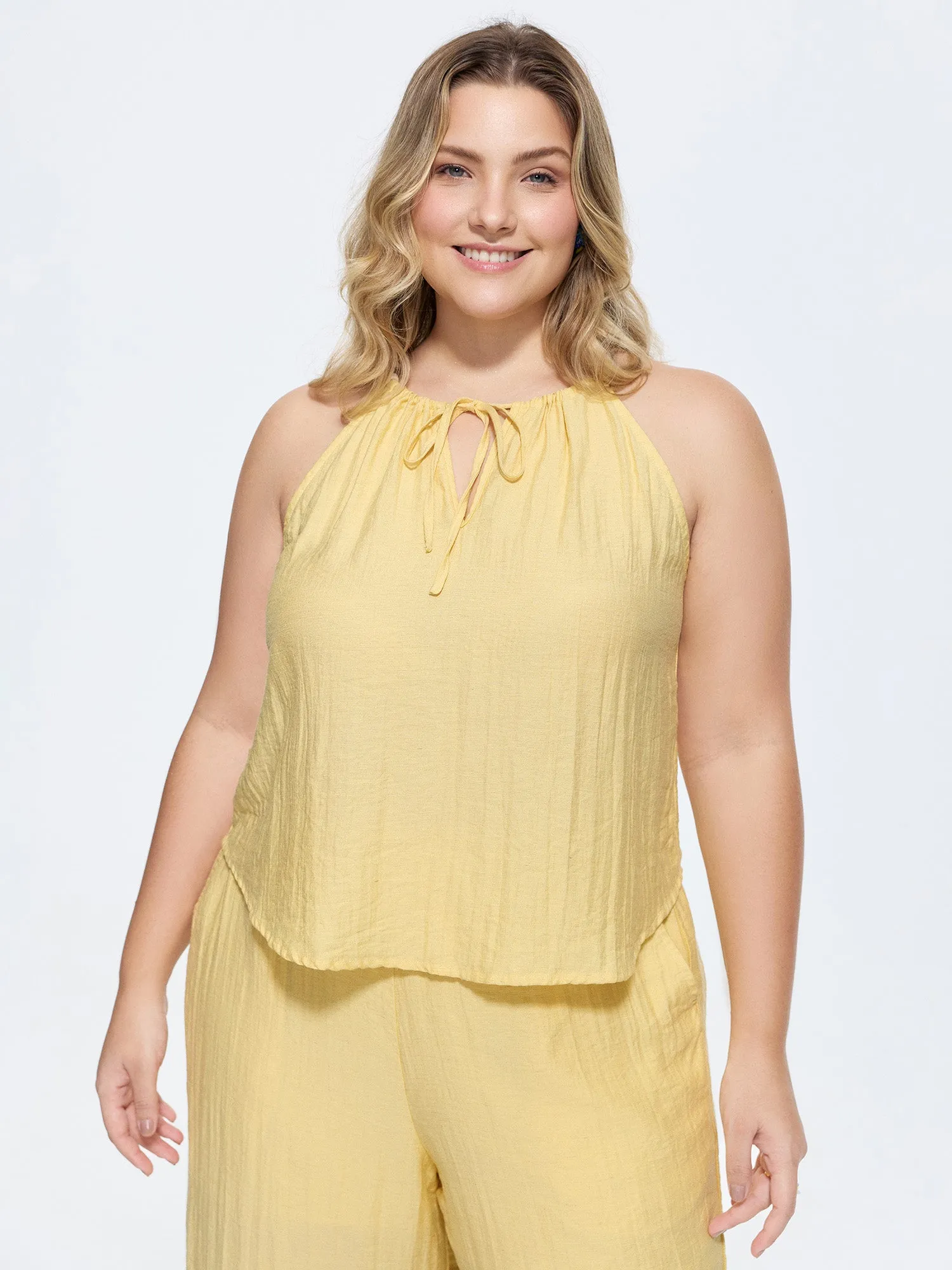 Linen Blend Halter Neckline Tank Top sold by Bloomchic