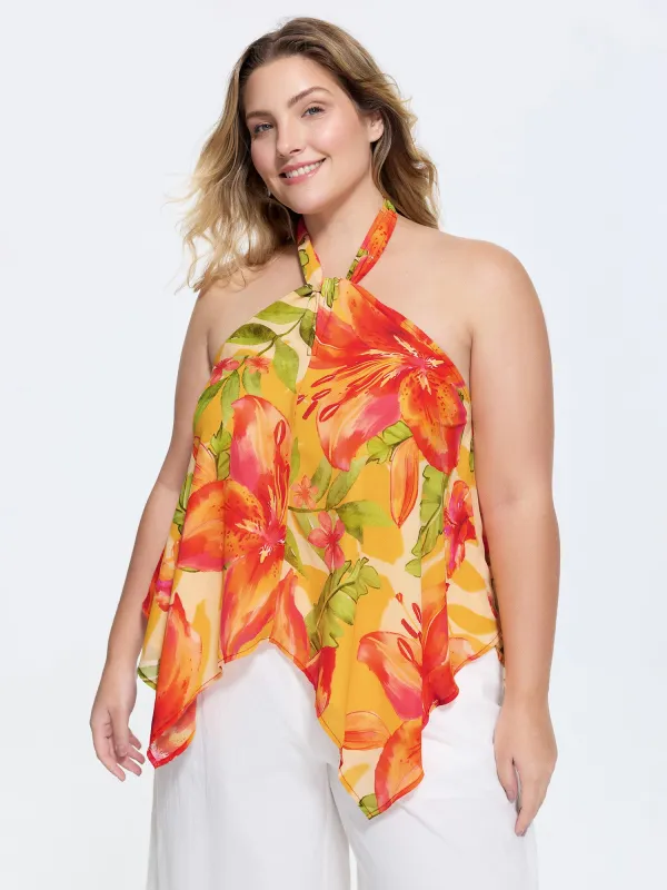Vibrant Floral Print Handkerchief Hem Tank Top made by Bloomchic