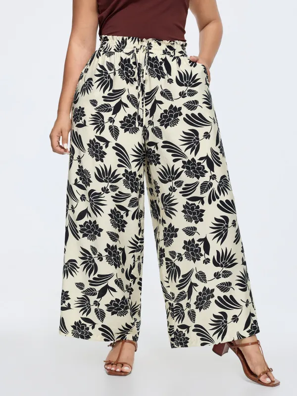 Tropical Print Shirred Drawstring Waist Pants made by Bloomchic