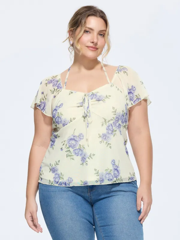 Rose Print Neck-Tie Sweetheart Knit Top made by Bloomchic