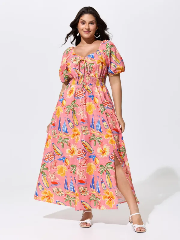 Tropical Vacation Print Shirred Waist Maxi Dress made by Bloomchic