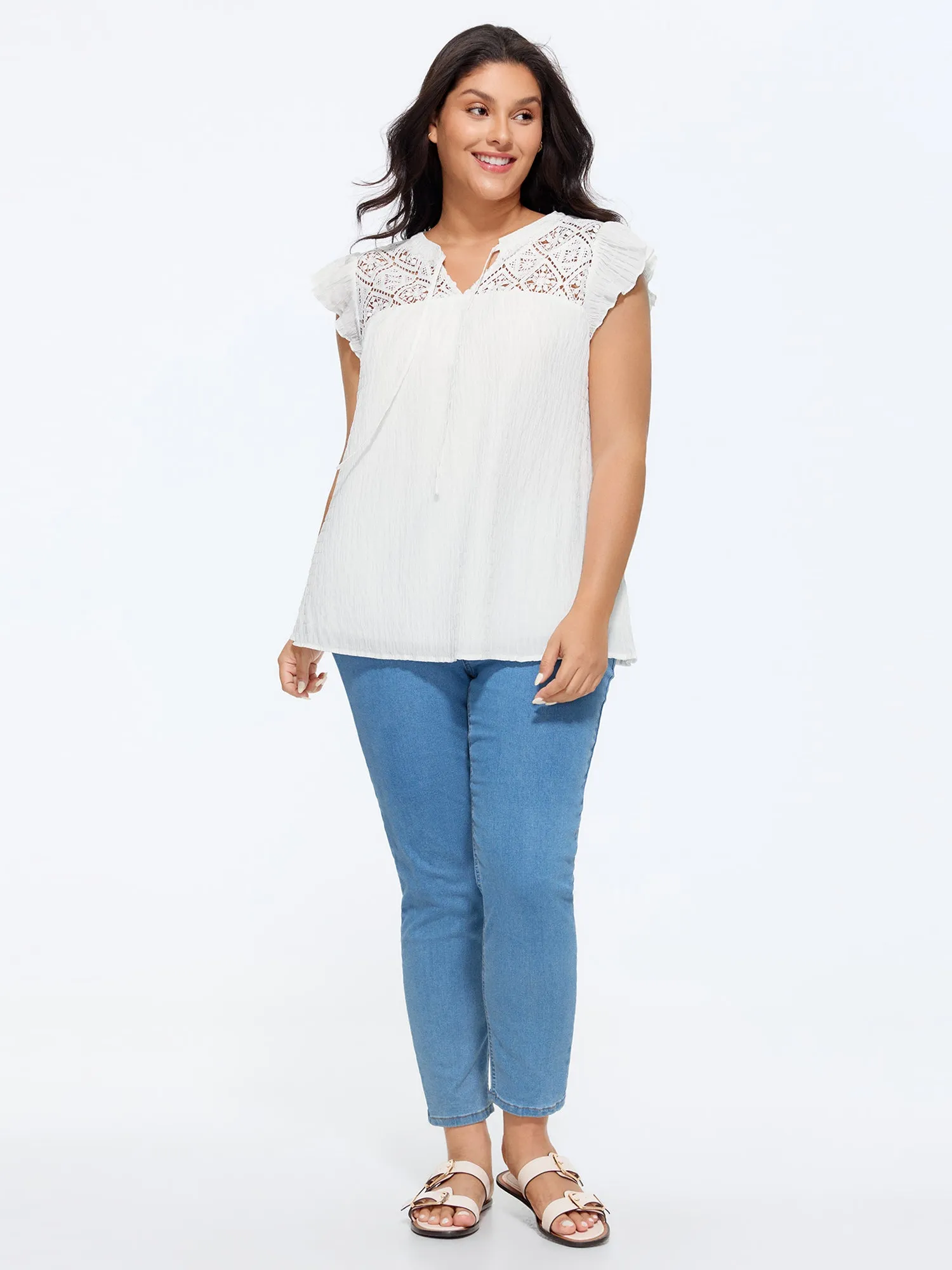 Cotton Textured Neckline Flutter Sleeve Blouse sold by Bloomchic product image thumbnail 3