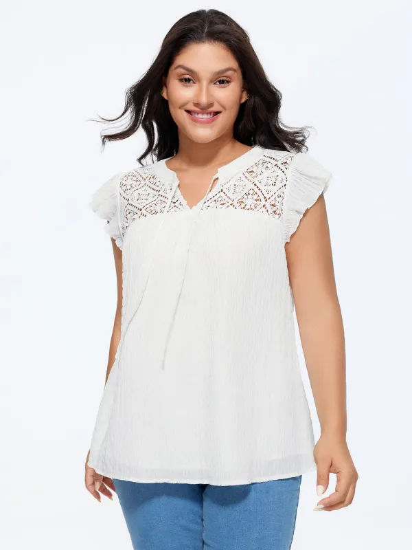 Cotton Textured Neckline Flutter Sleeve Blouse made by Bloomchic