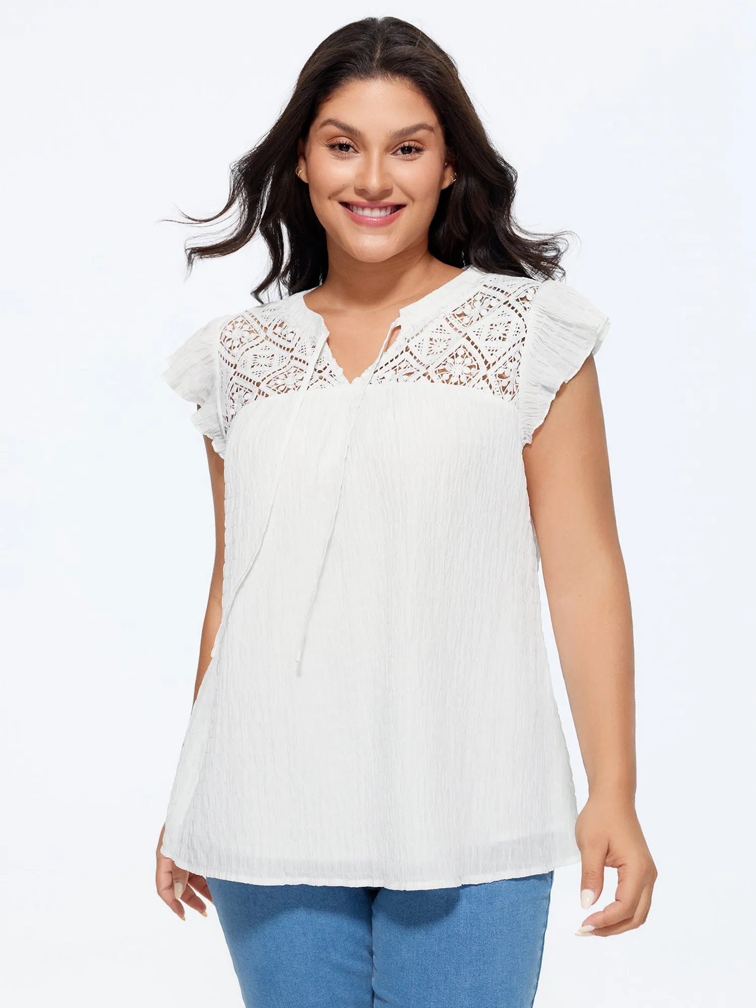 Cotton Textured Neckline Flutter Sleeve Blouse sold by Bloomchic