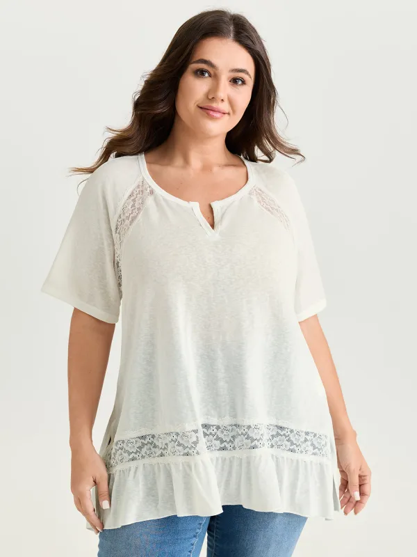 Sheer Lace Trim Split Neckline Knit Top made by Bloomchic