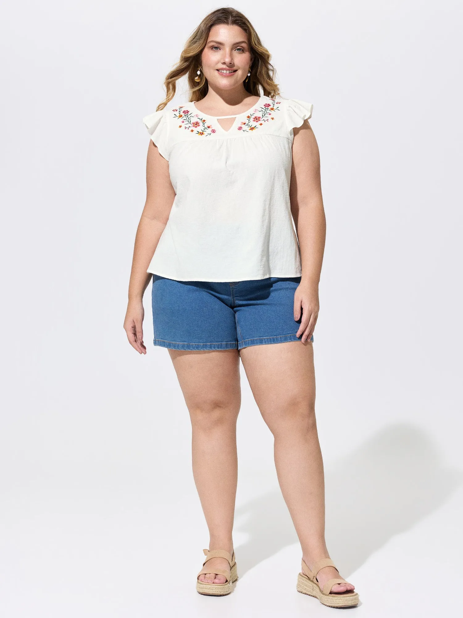 Cotton Floral Embroidered Flutter Sleeve Plain Blouse sold by Bloomchic product image thumbnail 4