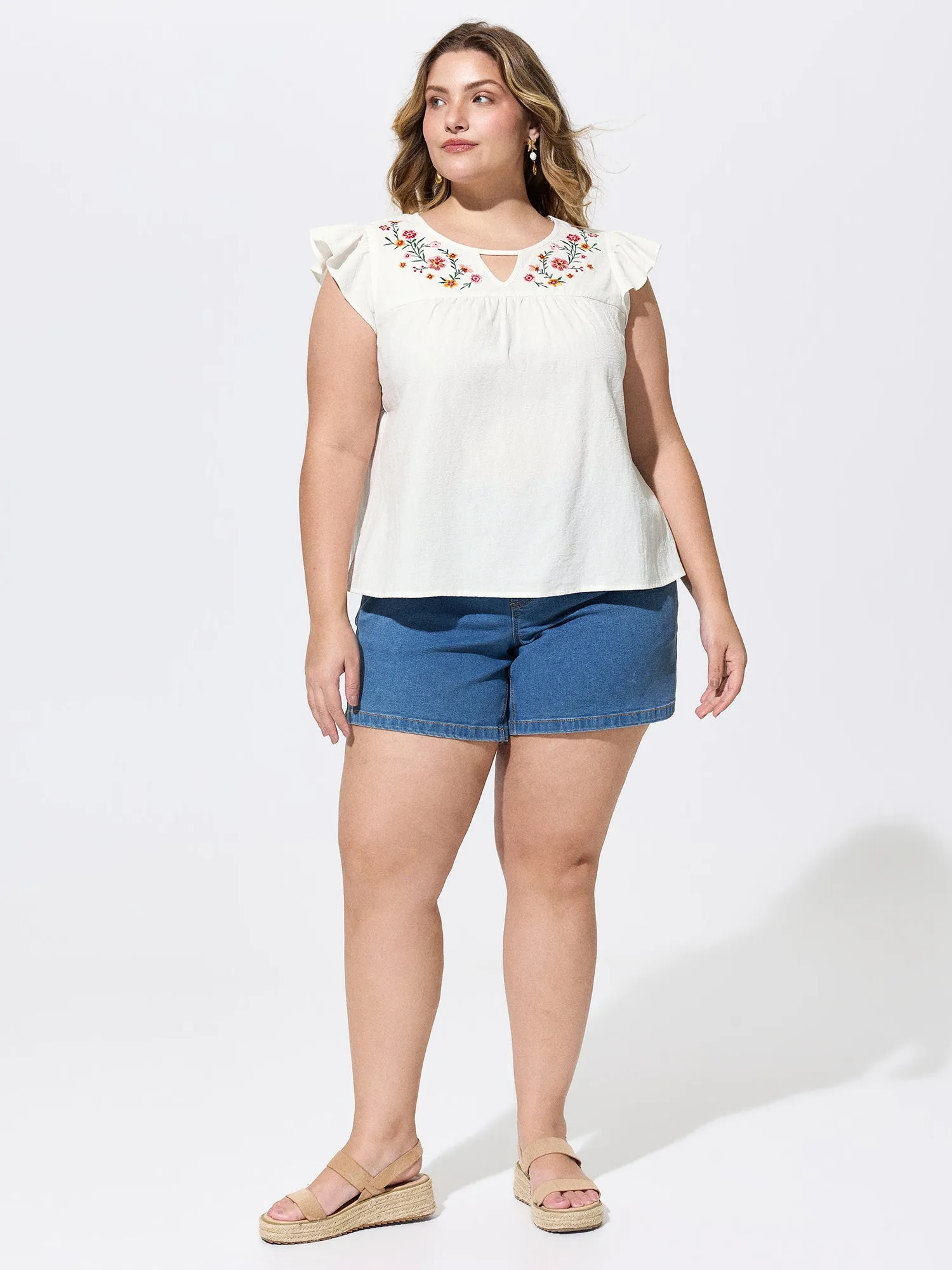 Cotton Floral Embroidered Flutter Sleeve Plain Blouse sold by Bloomchic product image thumbnail 3