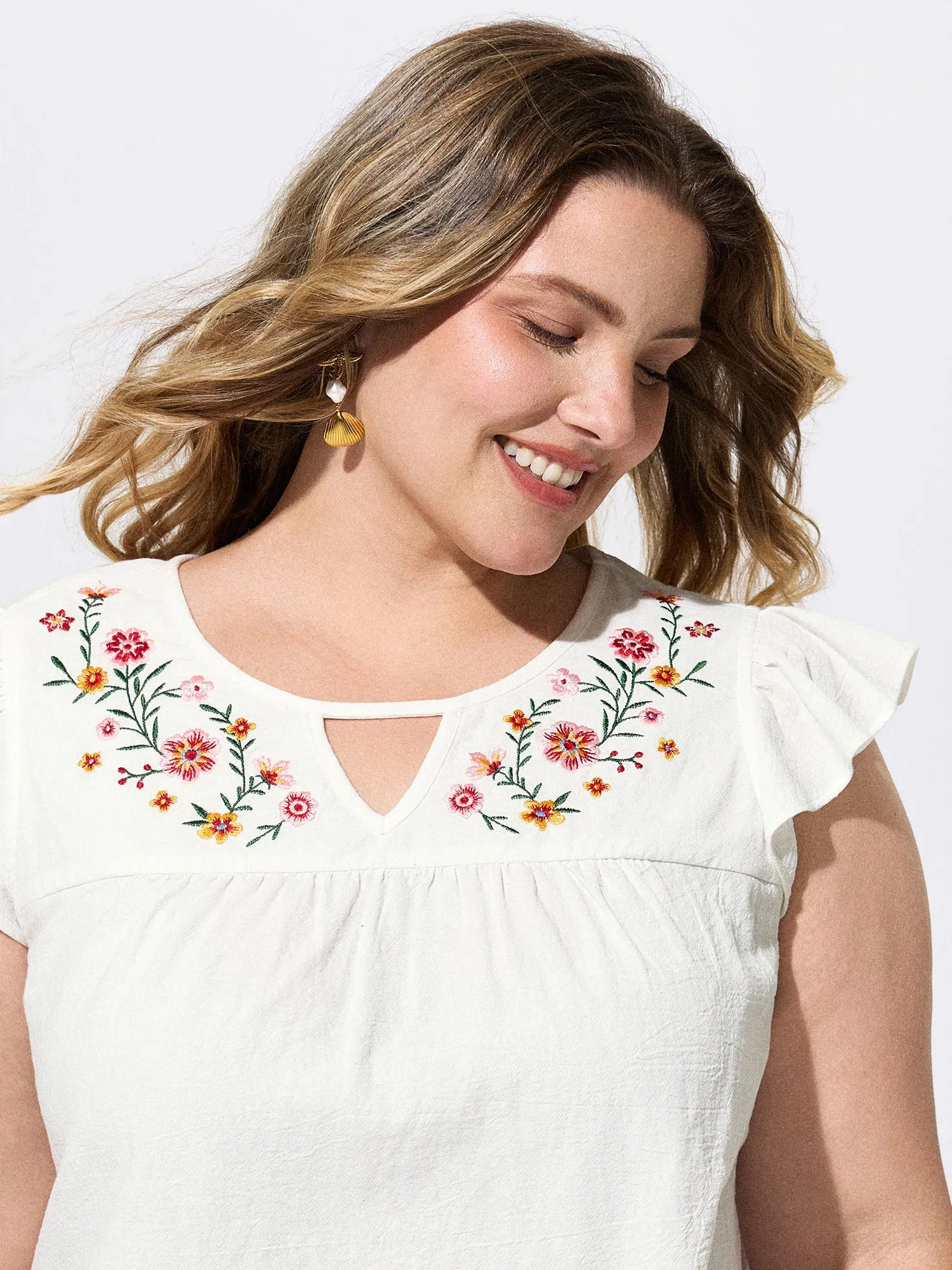 Cotton Floral Embroidered Flutter Sleeve Plain Blouse sold by Bloomchic product image thumbnail 2