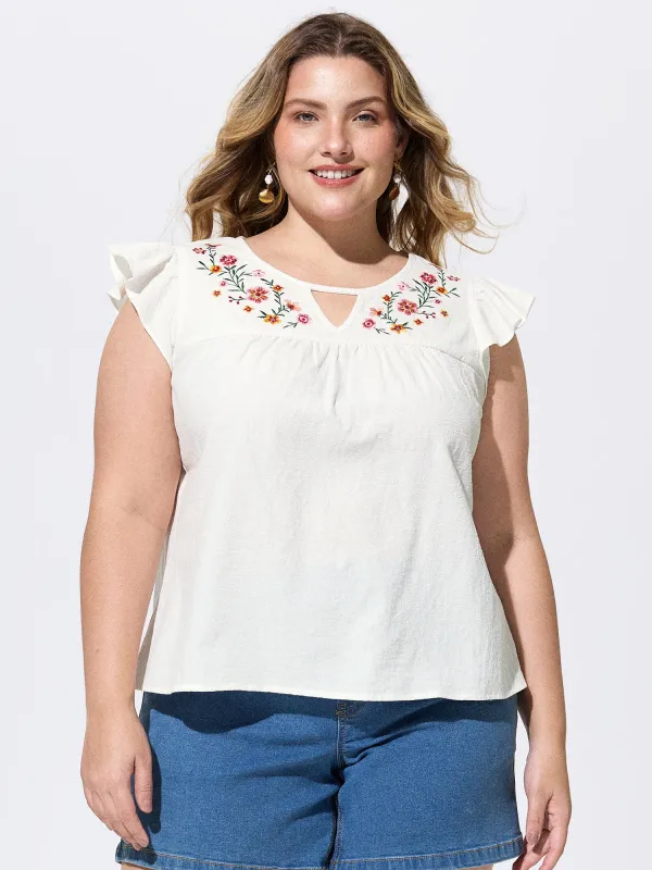 Cotton Floral Embroidered Flutter Sleeve Plain Blouse made by Bloomchic