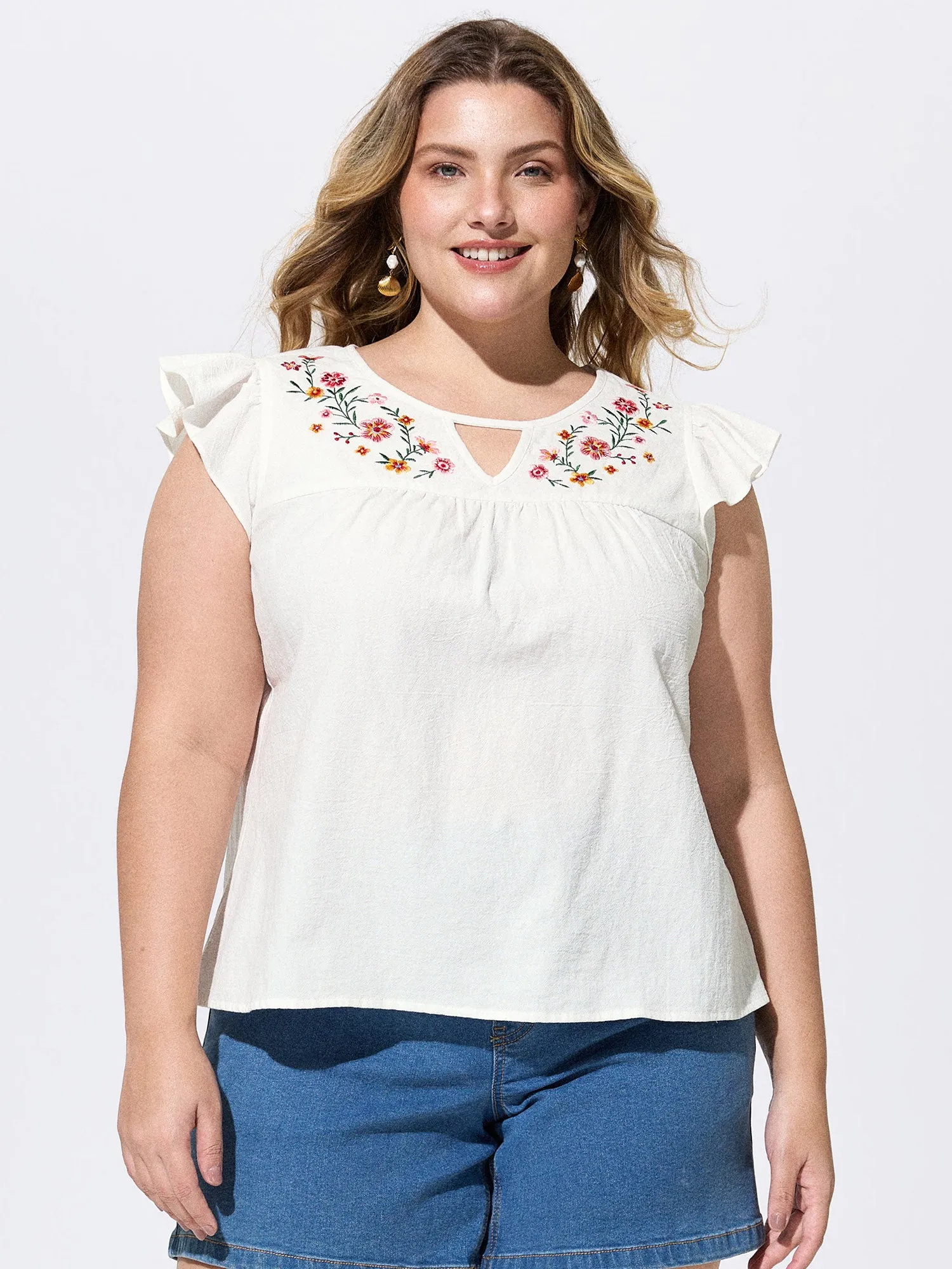 Cotton Floral Embroidered Flutter Sleeve Plain Blouse sold by Bloomchic