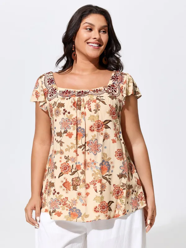 Floral Embroidered Square Neckline Flowy Blouse made by Bloomchic