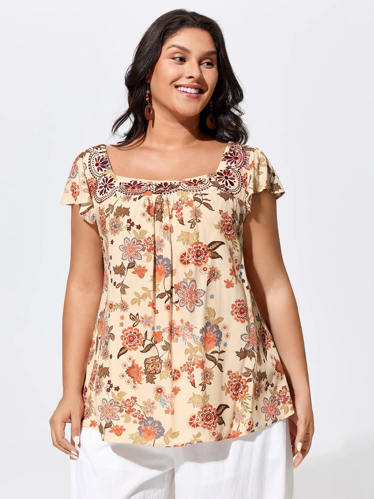 Floral Embroidered Square Neckline Flowy Blouse sold by Bloomchic