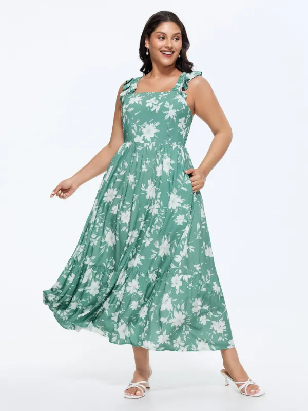 Floral Print Ruffled Straps Flowy Maxi Dress made by Bloomchic