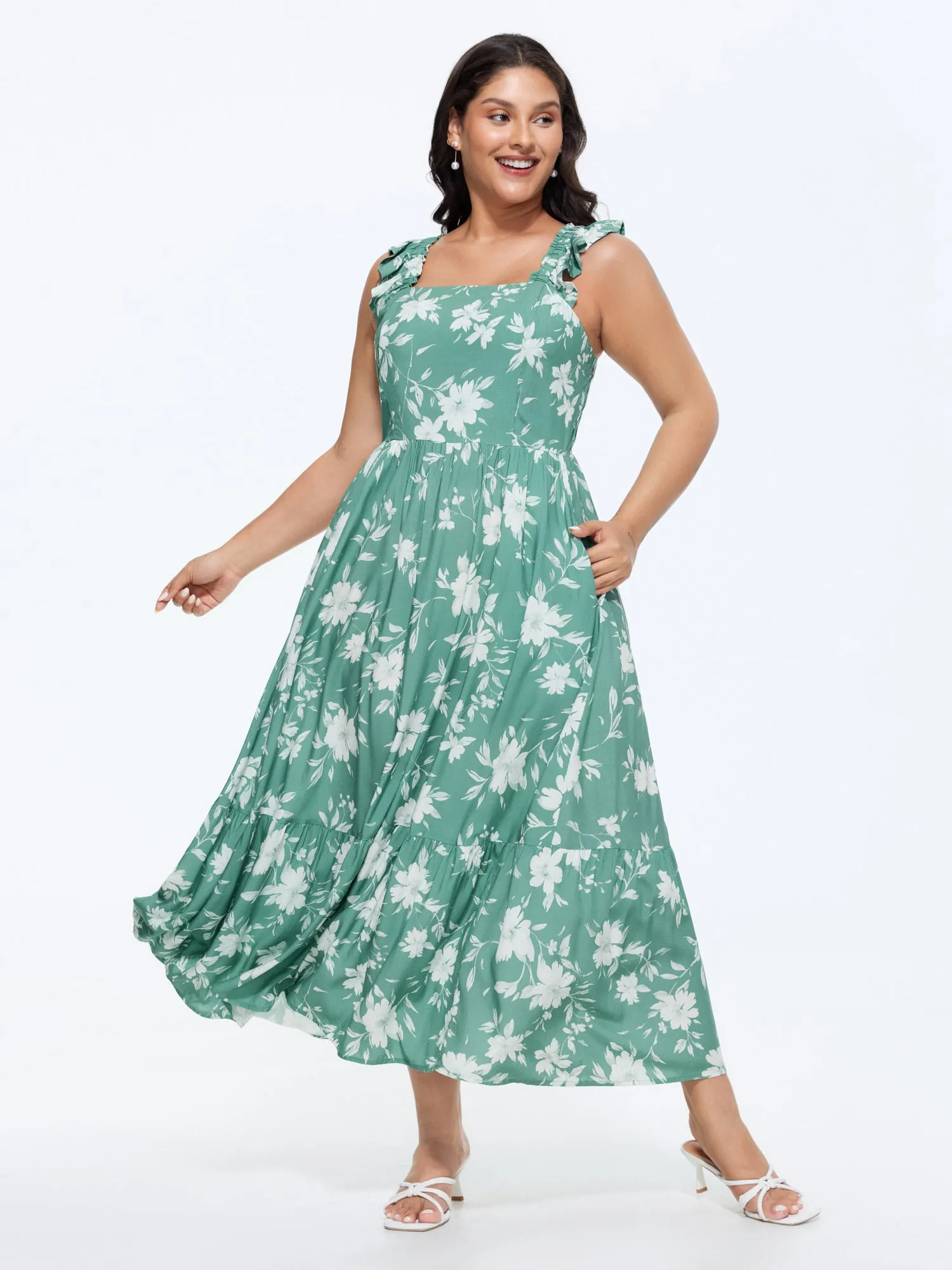Floral Print Ruffled Straps Flowy Maxi Dress sold by Bloomchic