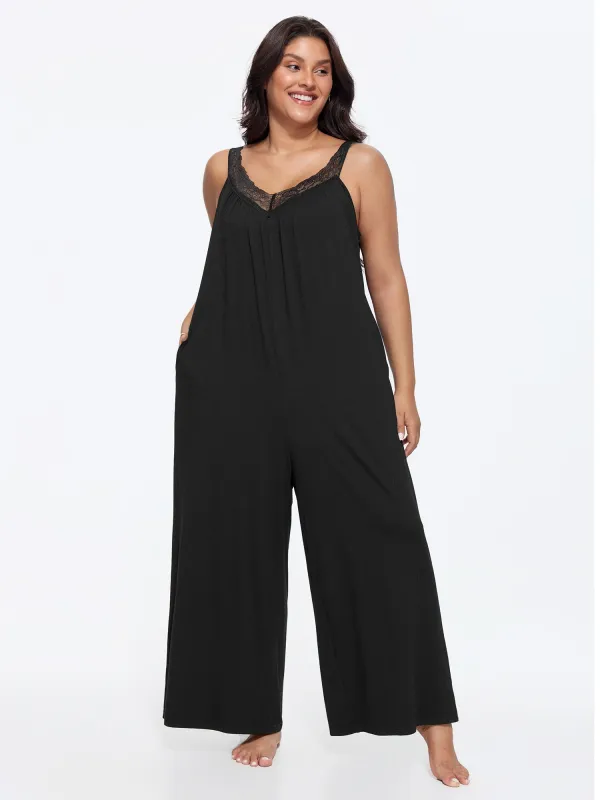 Supersoft Stretchy Sheer Neckline Relaxed-Fit Lounge Jumpsuit made by Bloomchic