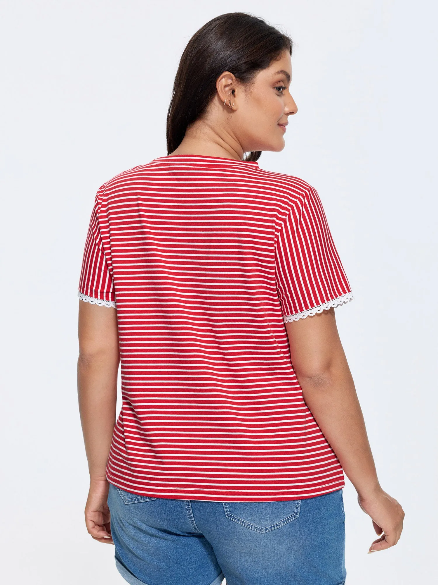 Cotton Striped Print Lace Crew Neckline T-Shirt sold by Bloomchic product image thumbnail 4