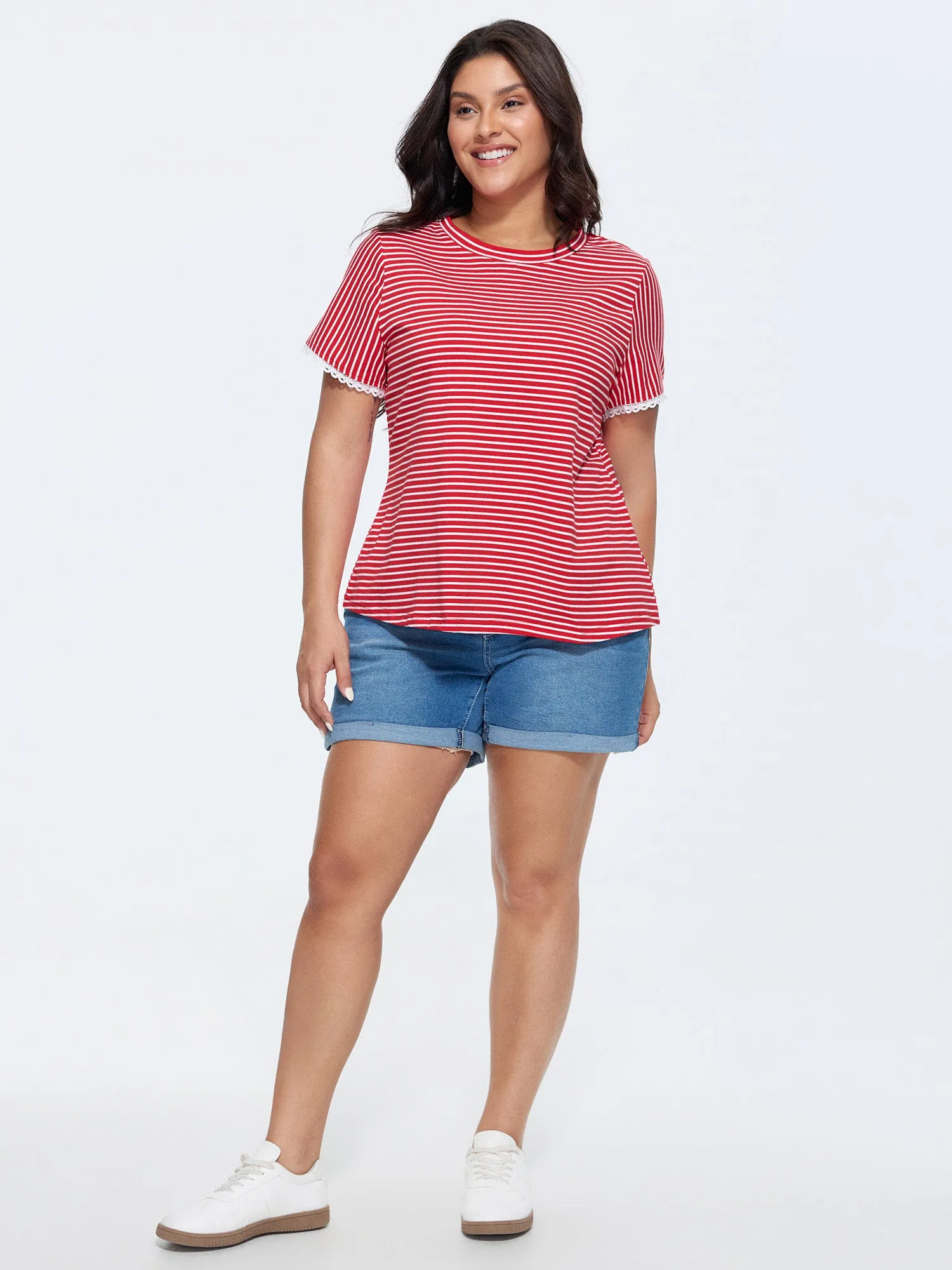 Cotton Striped Print Lace Crew Neckline T-Shirt sold by Bloomchic product image thumbnail 3