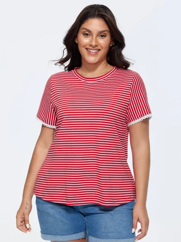 Cotton Striped Print Lace Crew Neckline T-Shirt made by Bloomchic