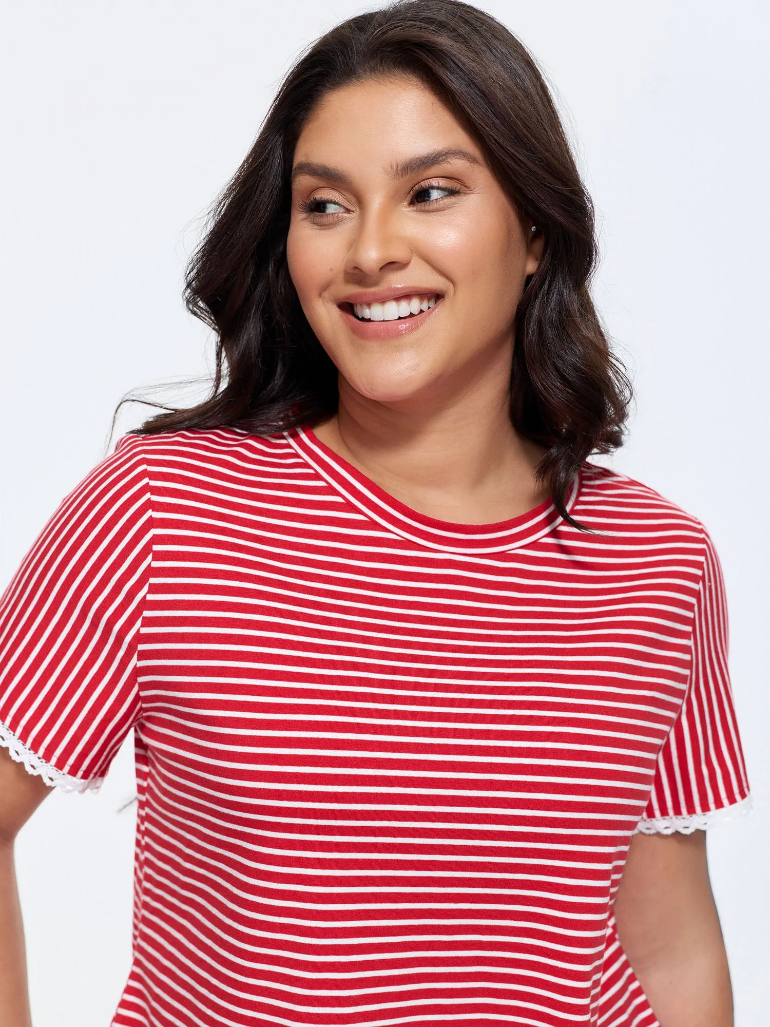 Cotton Striped Print Lace Crew Neckline T-Shirt sold by Bloomchic product image thumbnail 2