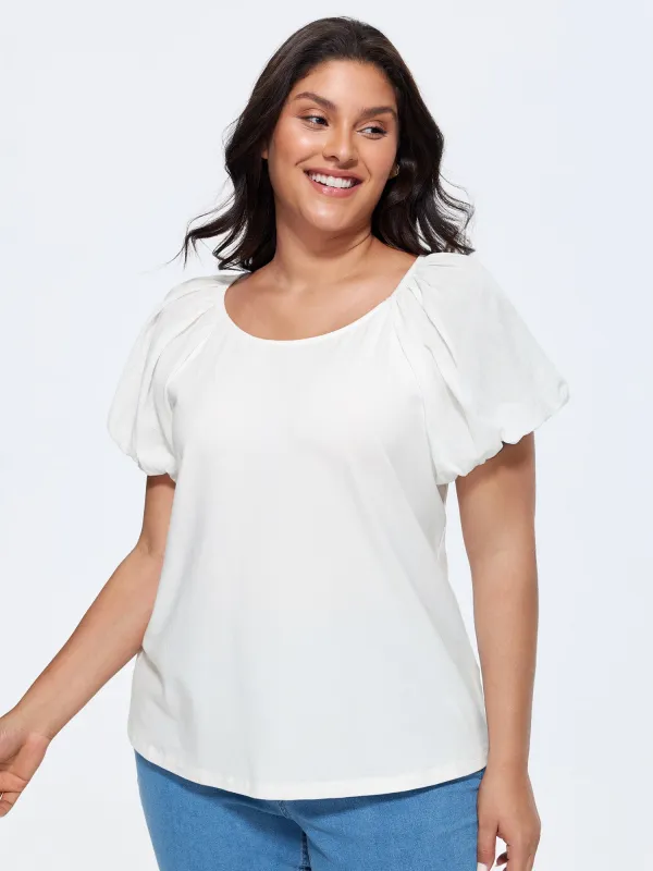 Cotton Balloon Sleeve Round Neck Spliced T-Shirt made by Bloomchic