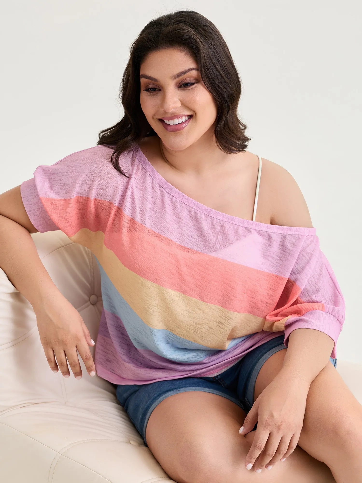 Sheer Colorblock One-Shoulder T-Shirt sold by Bloomchic