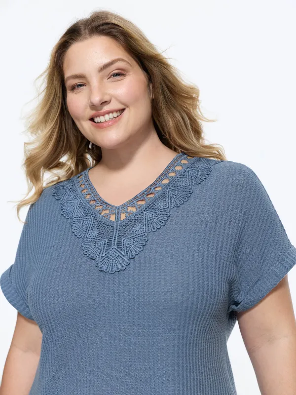 Cut-Out Lace V-Neck Plain Knit Top made by Bloomchic