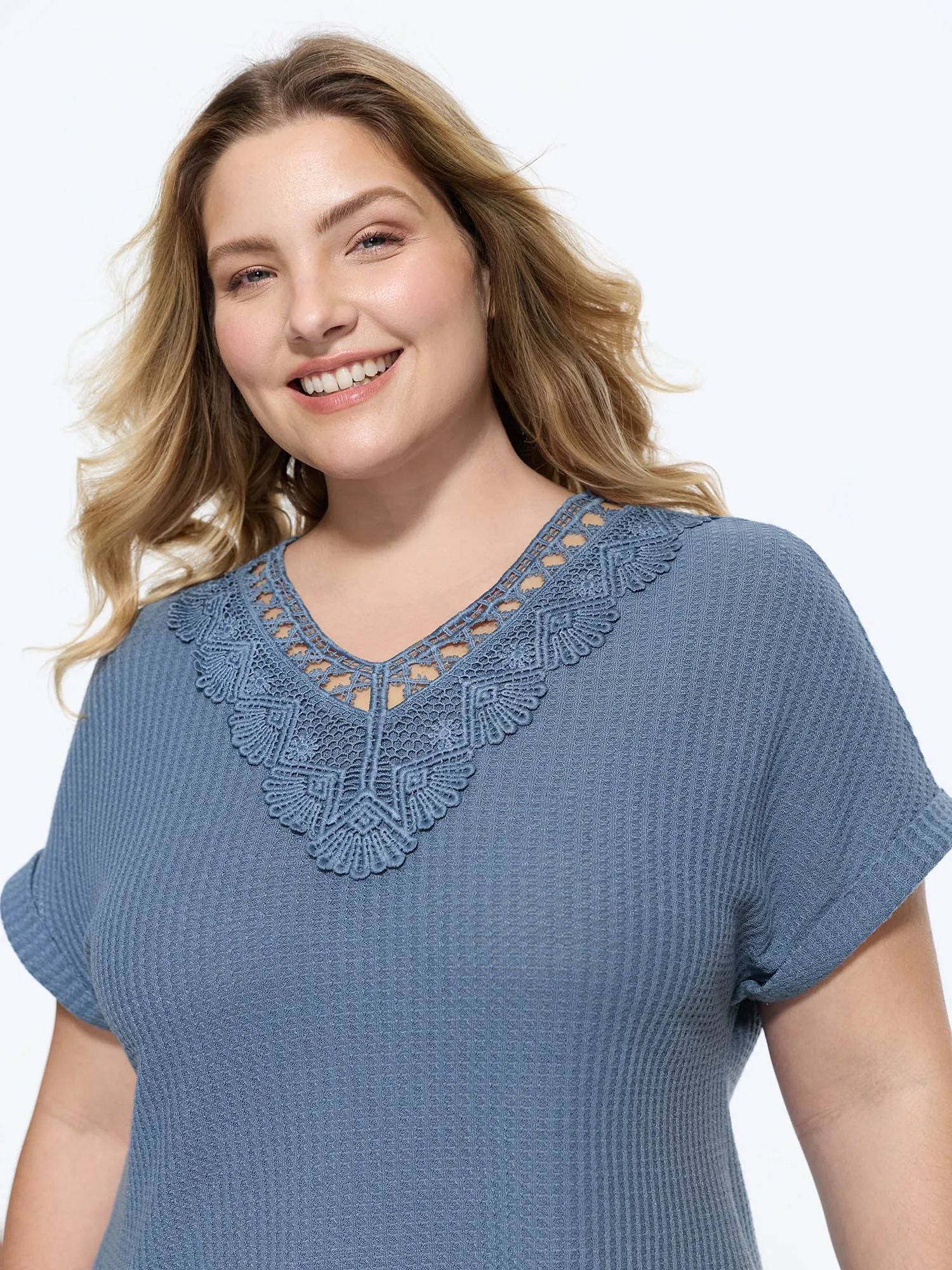 Cut-Out Lace V-Neck Plain Knit Top sold by Bloomchic