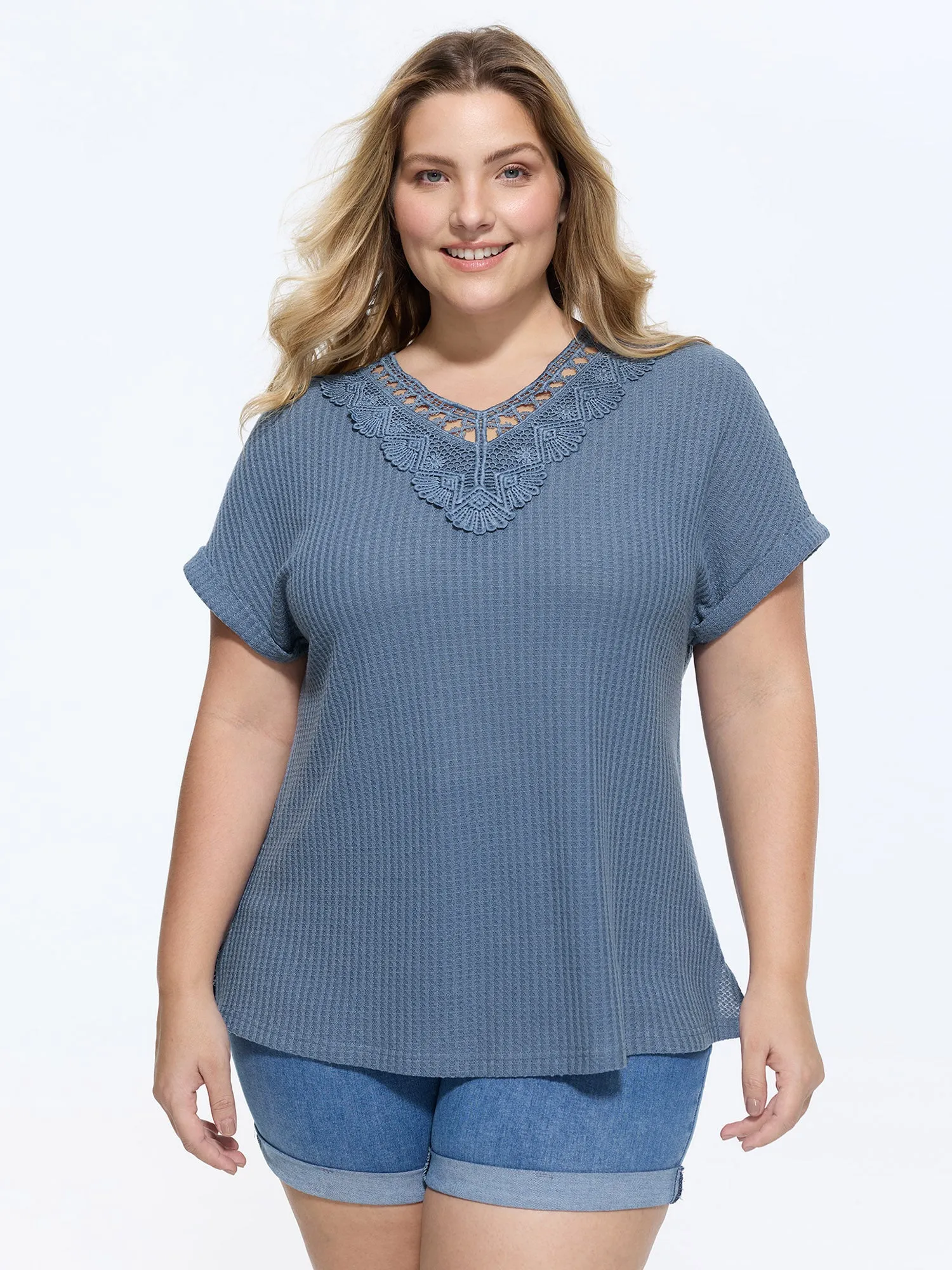 Cut-Out Lace V-Neck Plain Knit Top sold by Bloomchic product image thumbnail 2