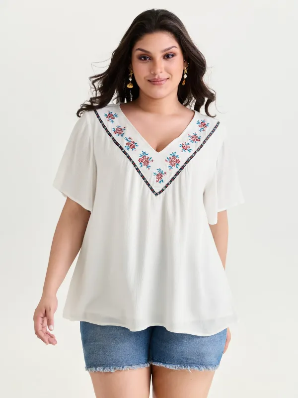 Floral Embroidered V-Neck Plain Blouse made by Bloomchic