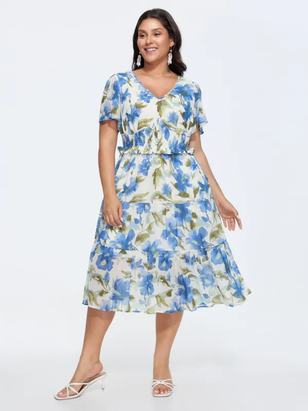 Floral Print Ruffled Edge Cinched-Waist Midi Dress made by Bloomchic