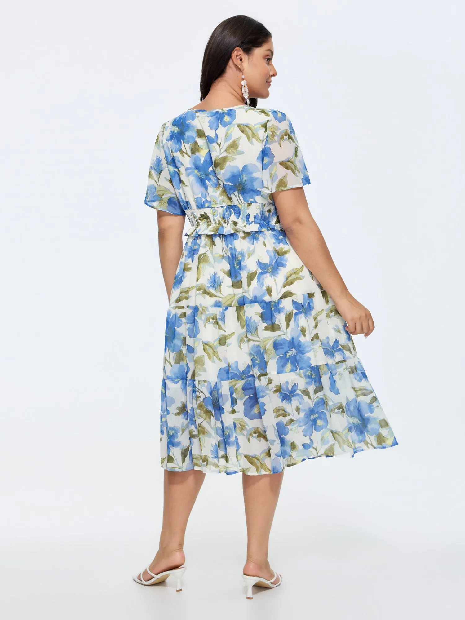 Floral Print Ruffled Edge Cinched-Waist Midi Dress sold by Bloomchic product image thumbnail 4