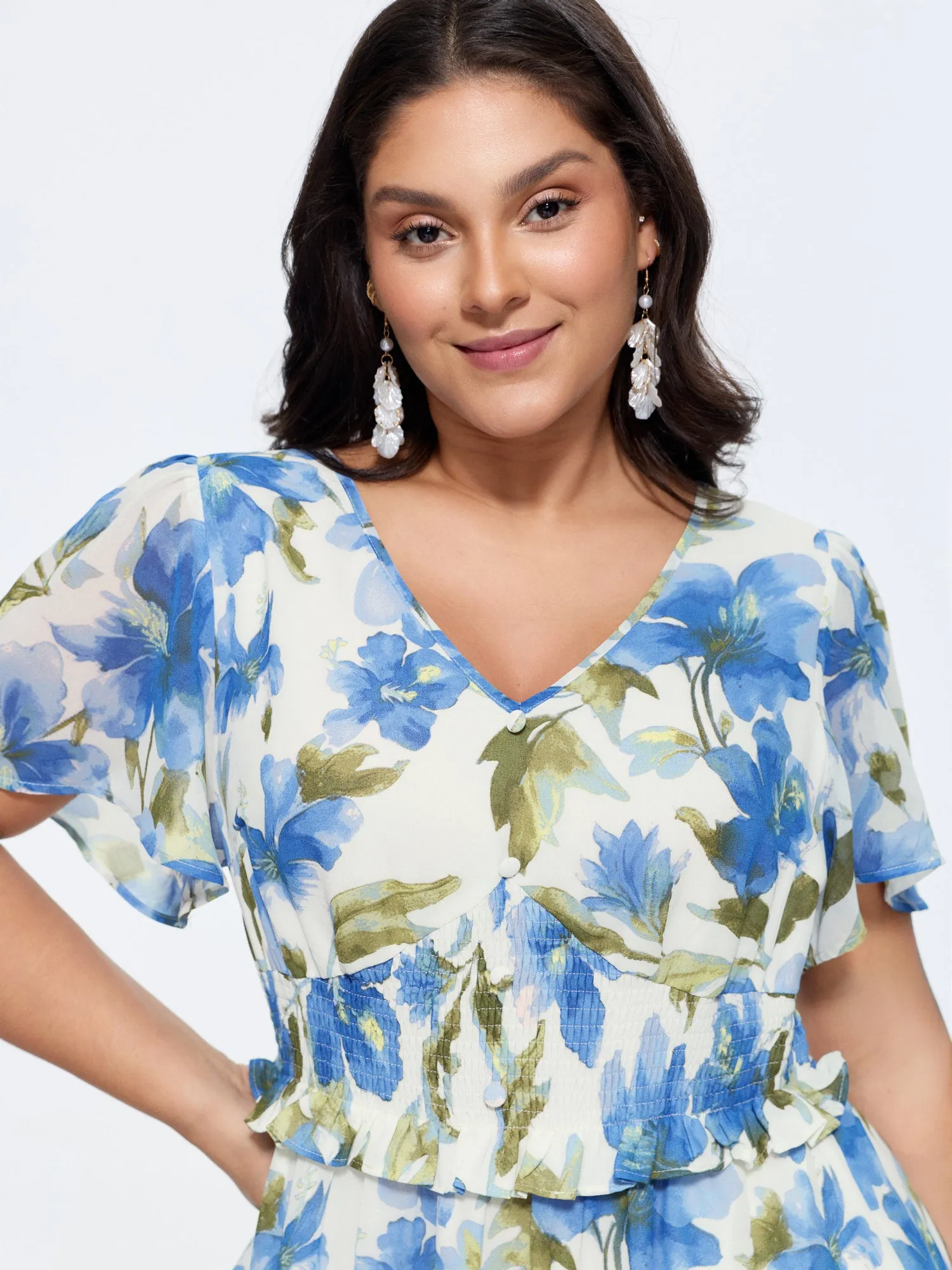 Floral Print Ruffled Edge Cinched-Waist Midi Dress sold by Bloomchic product image thumbnail 2