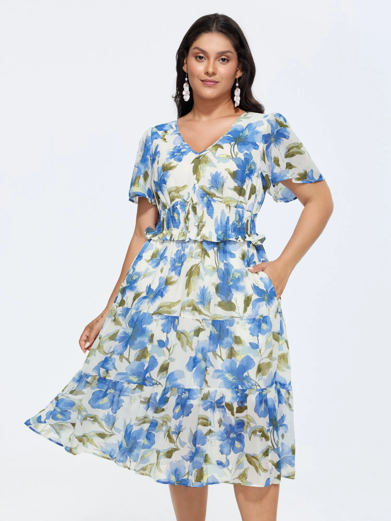 Floral Print Ruffled Edge Cinched-Waist Midi Dress sold by Bloomchic product image thumbnail 3