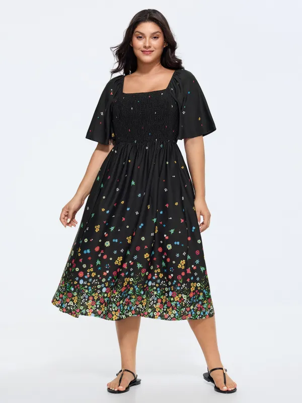 Multi-Color Floral Print Shirred Midi Dress made by Bloomchic