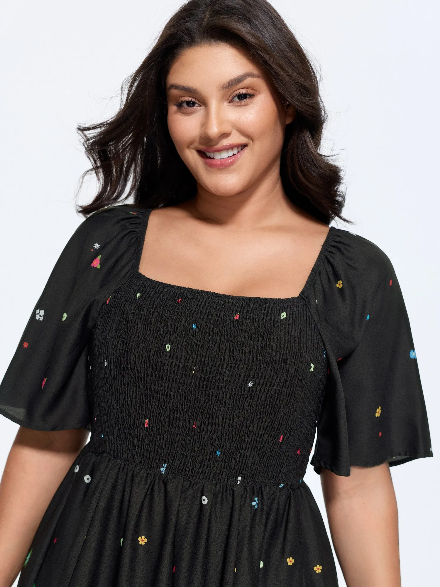 Multi-Color Floral Print Shirred Midi Dress sold by Bloomchic product image thumbnail 2